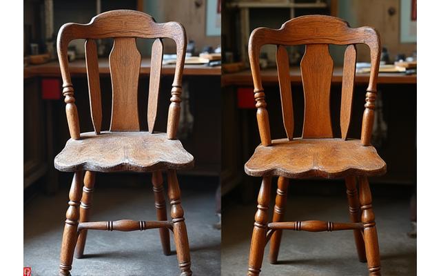 Oude, beschadigde houten stoel naast een perfect gerestaureerd exemplaar
