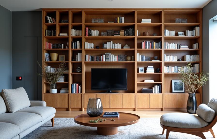 Op maat gemaakte boekenwand in een modern interieur, vol met boeken en decoratie