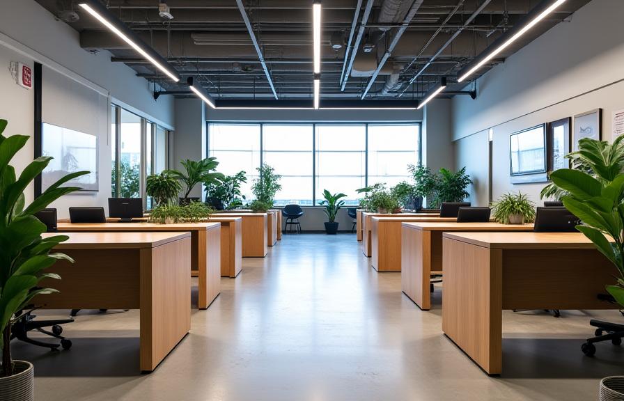 Moderne en functionele kantoorinrichting met houten bureaus en groene planten