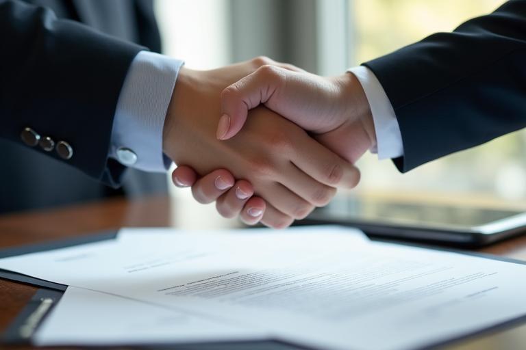 Twee handen die elkaar schudden over een document, symbool voor overeenkomst en vertrouwen.