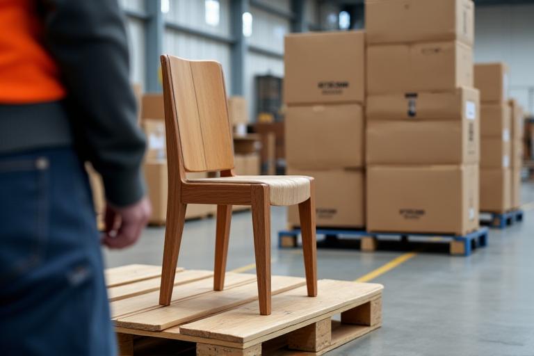 Een modern meubelstuk wordt zorgvuldig verpakt en voorbereid voor verzending in een schoon magazijn.